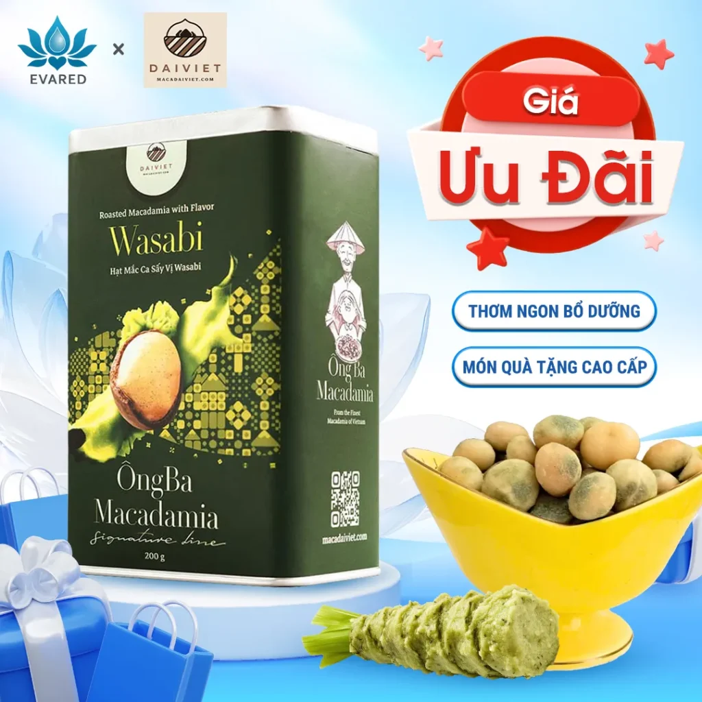 Hạt Mắc Ca Ông Ba Sấy Vị Wasabi 200g – Cay Nồng Sảng Khoái, Dinh Dưỡng Trọn Vẹn